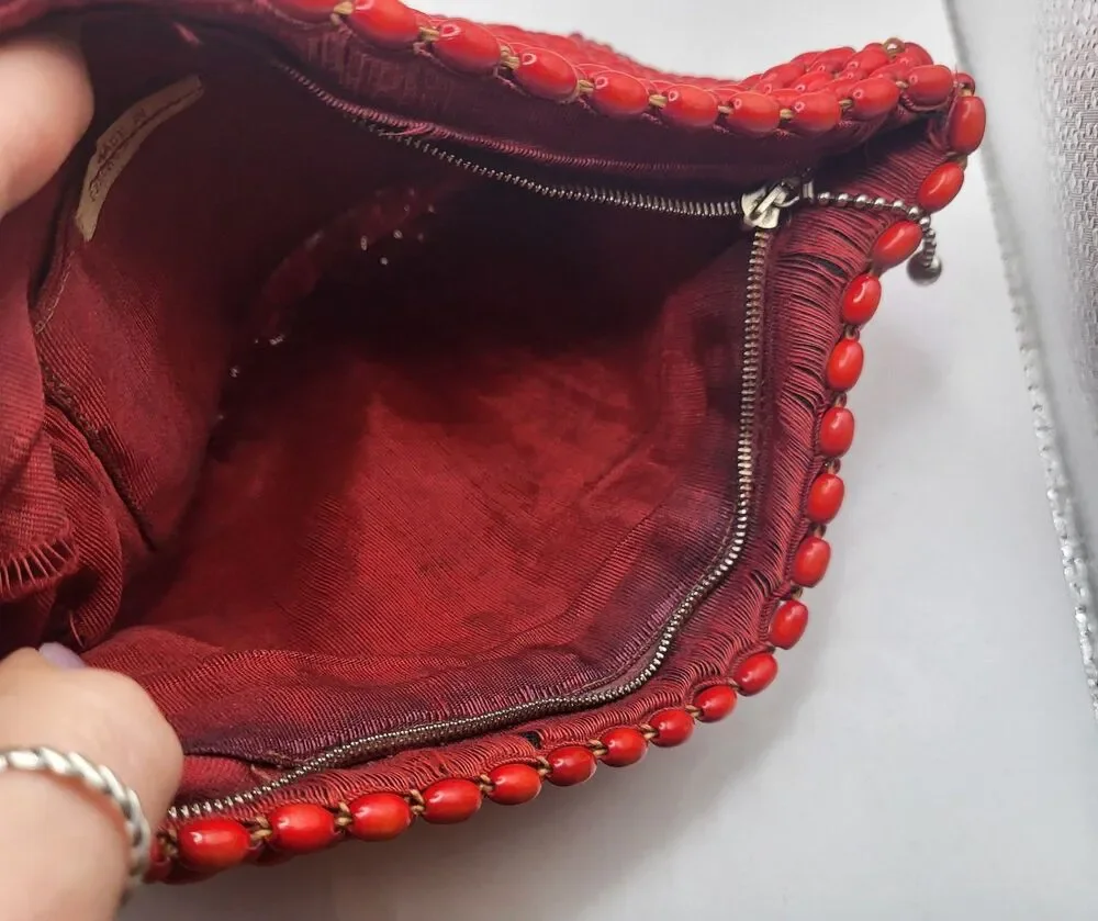 Antique Woven Wooden Beaded Clutch Handbag Made in Czechoslovakia 10in by 6in